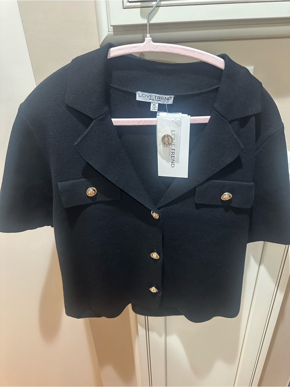 Women's Black Short-Sleeve Knit Cardigan with Gold Buttons